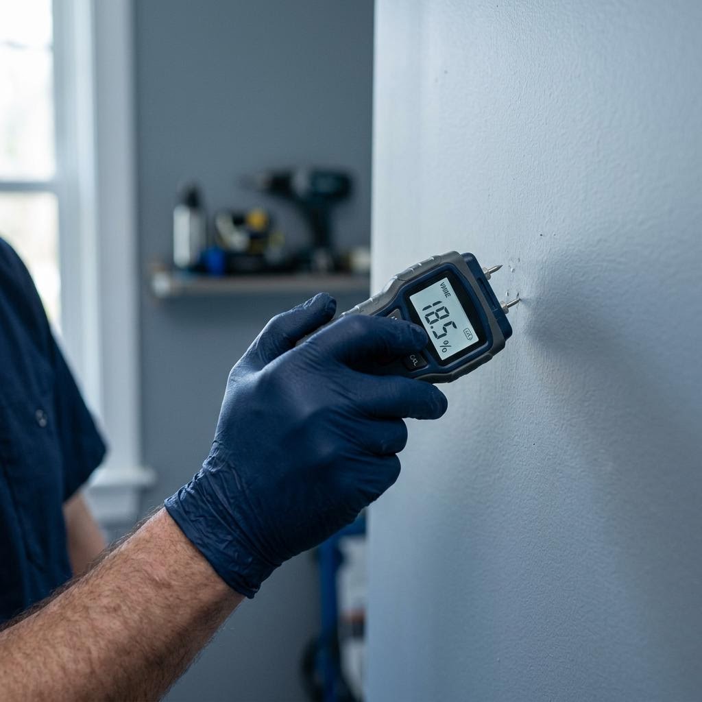Technician checking moisture in an interior wall with a handheld meter